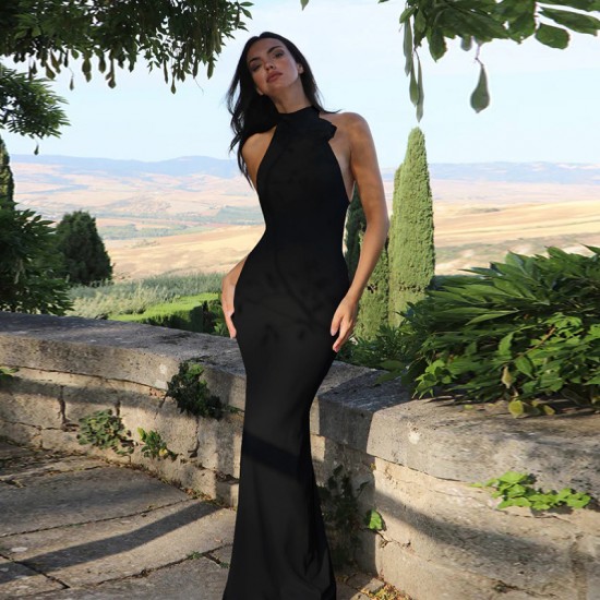 In Stock Cross-border Summer New Women's Clothing Sexy Backless Necklace Bag Hip and Slim Fit Evening Dress