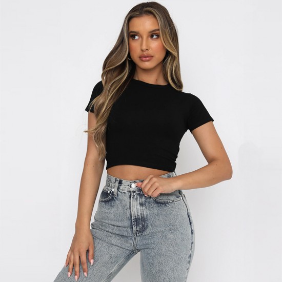 Spot-on wholesale of European and American summer fashionable plain short-style bare-chest casual top with stretch and fit