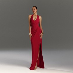 European cross-border summer solid sexy fitted V-neck draped collar high slit dress strap-on women's dress for wholesale