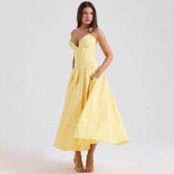 2025 European cross-border spring summer new style sexy wrapped chest elegant V-neck sleeveless evening solid color dress for wholesale