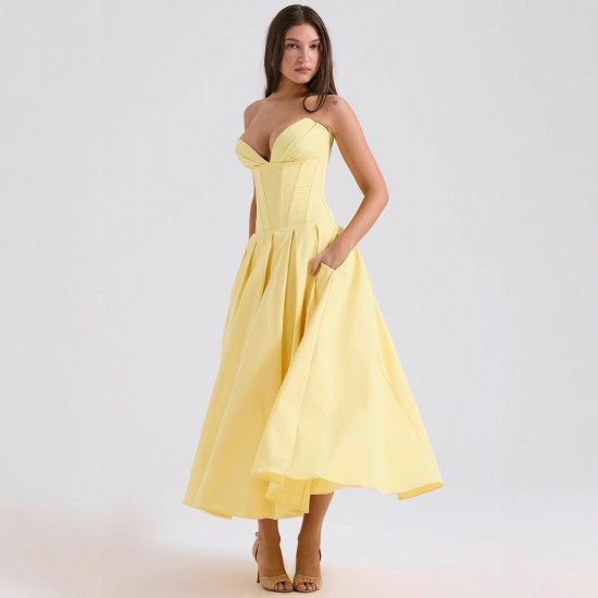 2025 European cross-border spring summer new style sexy wrapped chest elegant V-neck sleeveless evening solid color dress for wholesale