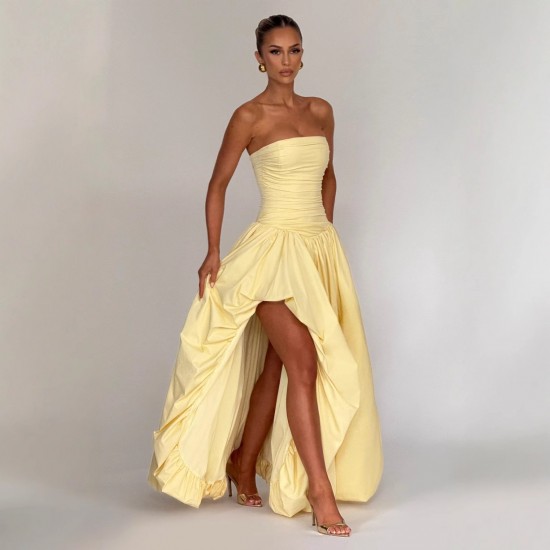 Spot-on wholesale of 2025 summer European and American high-end style plain-color strapless fitted pleated ball gown for women