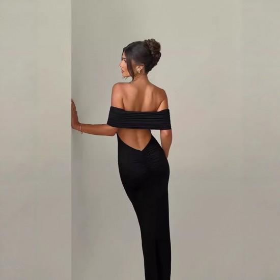 European and American foreign trade 2025 summer collarless pleated strapless deep V elegant backless high slit dress for women wholesale