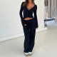 In Stock European and American Cross-border 2025 Spring/Autumn New Style Casual V-Neck Long-Sleeve Shirt Fashion Pants Set for Women Wholesale