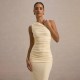 2025 European and American cross-border summer high-end fashionable pleated side-shoulder elegant pure-color fitted dress for women wholesale