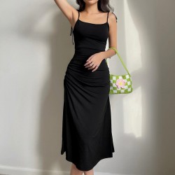 Spot-on wholesale of European and American style cross-border women's summer evening dress, pure color single-shoulder backless, fashionable, elegant, figure-hugging, stretch long dress