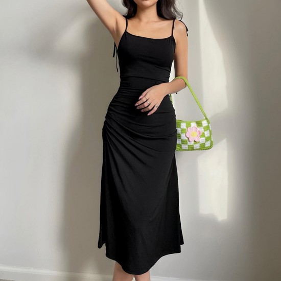 Spot-on wholesale of European and American style cross-border women's summer evening dress, pure color single-shoulder backless, fashionable, elegant, figure-hugging, stretch long dress