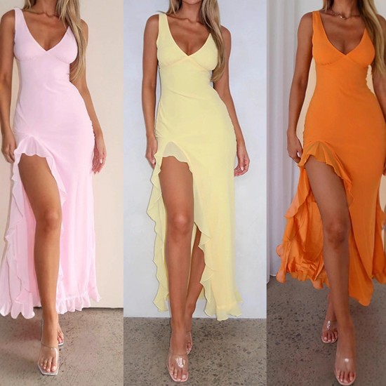 Fulfillment factory direct 2025 summer solid color fitted European style elegant V-neck ruffled slit dress