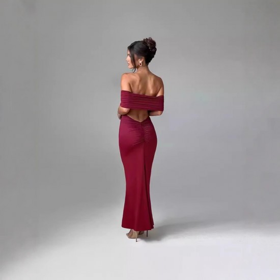 European and American foreign trade 2025 summer collarless pleated strapless deep V elegant backless high slit dress for women wholesale