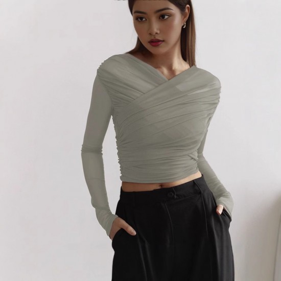 Spot-on wholesale of 2025 European and American foreign trade summer classic style sleeveless net fabric elegant pleated long-sleeved T-shirt for women